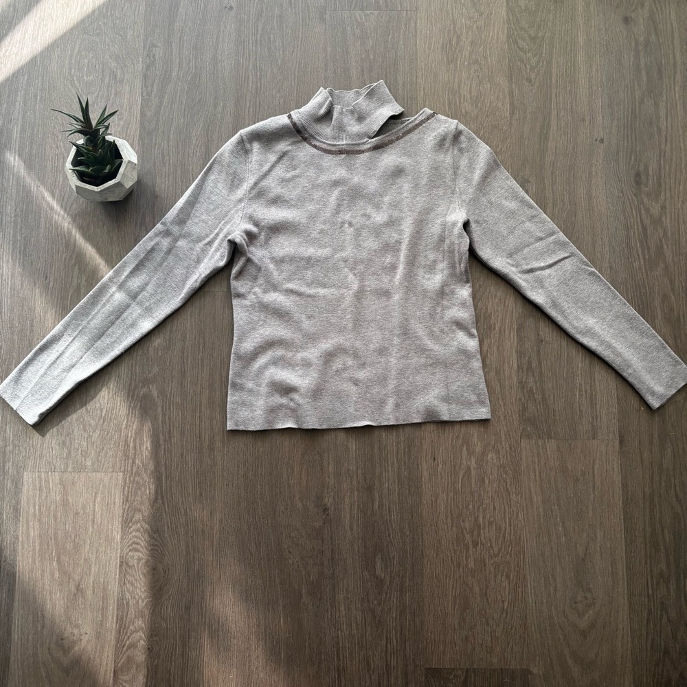 Calvin Klein Light Gray Sequin-Trimmed Sweater with Cut Neck Detail